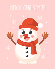 Merry Christmas Greeting Card with Waving Snowman. Christmas holiday card with festive character. Illustration.