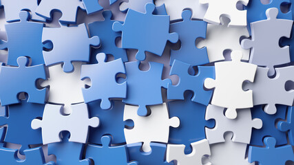Blue and white puzzle pieces scattered in 3D illustration background