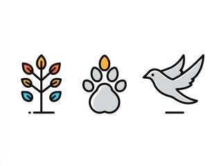 Illustrated nature and animal icons tree paw print and dove on white