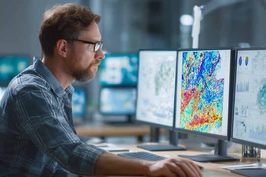A man is sitting in front of three computer monitors - Powered by Adobe