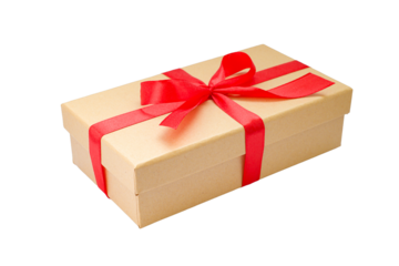 Gift in craft paper with a red ribbon on a transparent background, design element