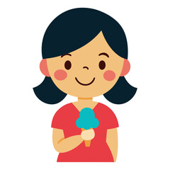 A happy cartoon girl wearing a red shirt holding a blue ice cream cone isolated on white background