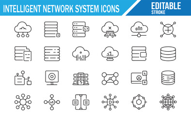 Cybersecurity and Networking Line Icons – Cloud, Servers, Routing, Data, IoT