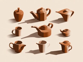Obraz premium Collection of brown teapots and cups on beige background illustrations