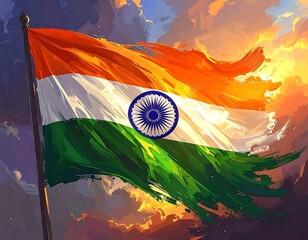 Vivid painting of an Indian flag waving triumphantly under a sunset sky