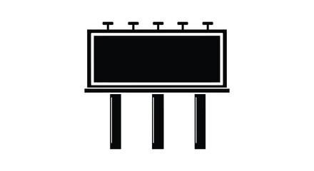 A simple black silhouette of a large outdoor advertising billboard on three sturdy poles against a white background silhouette