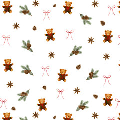 Cozy Christmas seamless pattern with teddy bears in plaid pajamas, pine cones, spruce branches, and red bows on transparent background. Perfect for holiday wrapping paper and festive designs.