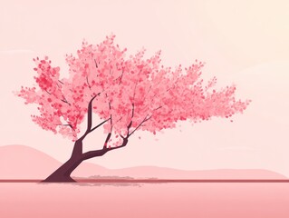 Fototapeta premium Pink flowering tree illustration against a soft background with copy space