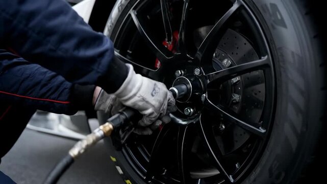 pit crew preparing race car wheel. Mechanic changing tire on formula 1 car. Motorsport maintenance and service, extreme speed footage.