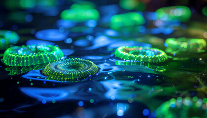 Bioluminescent Algae in Liquid Space — Vibrant Bio-Inspired Microscopic Abstract Art