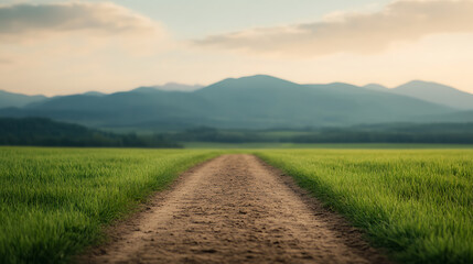 Obraz premium A serene path winds through a lush, green meadow, leading the eye towards distant, misty mountains under a soft, pastel sky. Nature's beauty in a harmonious composition.
