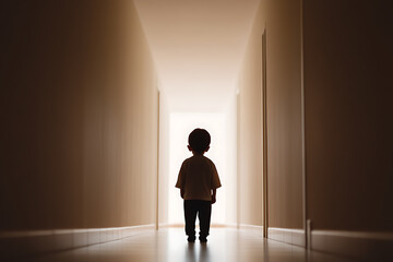 Fototapeta premium A lone child stands at the end of a dimly lit hallway, facing the light. The perspective emphasizes the distance and the child's small stature, evoking a sense of solitude.