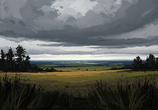 Wide landscape of rolling fields under a dramatic stormy sky rolling hills clouds