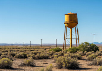 Yellow Water Tower In A Dry Desert Landscape With Power Lines arid dry landscape