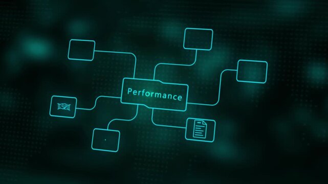 Digital Performance Mind Map Concept with Cyan Neon Lines on Dark Background analytics idea