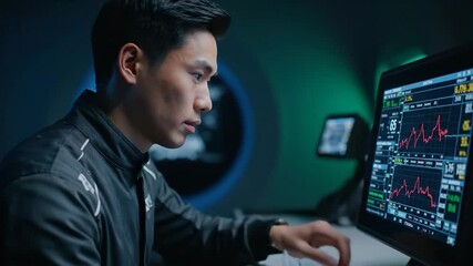 Asian man analyzing real time racing data on computer. Motorsports engineer monitoring vehicle telemetry for performance strategy. - Powered by Adobe