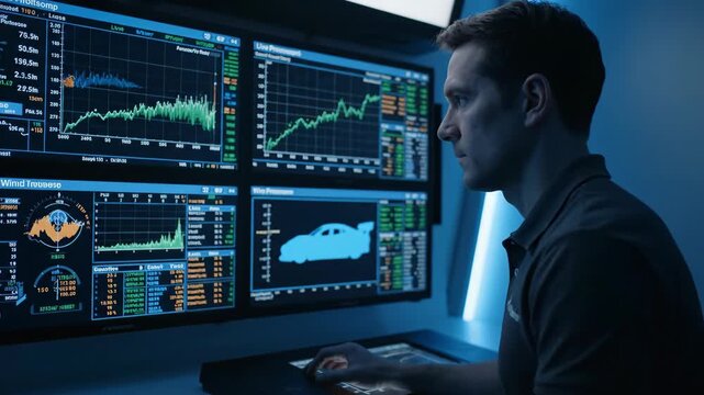 Man analyzing racing car performance data on multiple screens in a dark control room, automotive engineering footage.