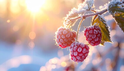 Frozen red raspberries covered in frost on a sunlit winter morning.