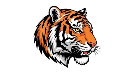 Tiger head illustration with orange and black stripes sharp teeth and detailed fur texture set against a white background