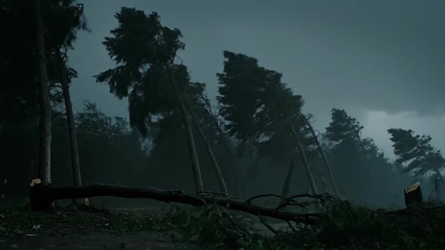 Intense storm with heavy rain and wind whipping through a forest, breaking tree branches and causing destruction footage.