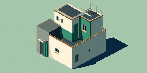 Isometric building illustration with geometric shapes and minimalist design concept