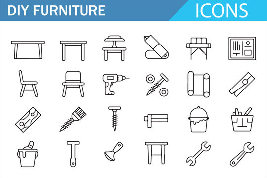 Woodworking & Home Assembly Line Icon Pack for Furniture and Tools