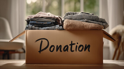 Cardboard box labeled donation filled with clothing, portraying charitable giving community support and sustainable reuse.