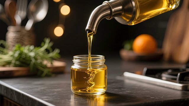 Cinematic close-up of golden olive oil being poured into a small glass jar on a dark floor