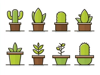 Collection of stylized potted plants isolated on white for design