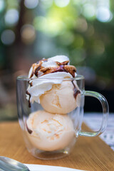 Vanilla ice cream with whipping cream and chocolate sauce on top with green bokeh in garden table.