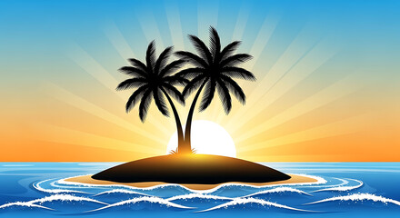 Obraz premium Tropical island with silhouetted palm trees at sunset with ocean waves and sun rays
