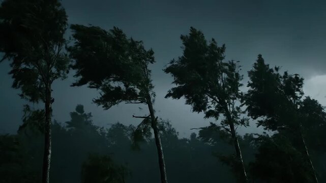 Pine trees bending in swirling wind under dark cloudy sky. Natural disaster, hurricane, or storm weather in a forest footage.
