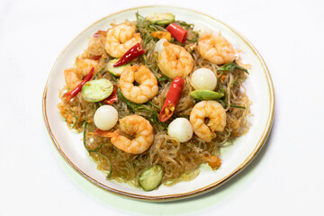 Stir fried stinky vegetables. Stir-fried shrimp noodles asian cuisine gourmet dish indoor setting close-up view flavorful experience.
