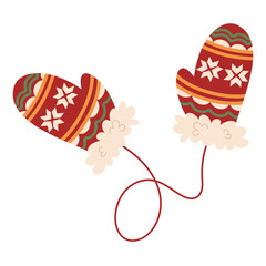 Cute Christmas patterned mittens. Traditional cozy winter element for holidays. New Year and Christmas decorations. Colored flat hand-drawn illustration isolated on white background.