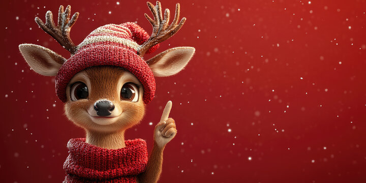 funny cheerful deer in santa hat Christmas character with surprise face pointing finger to the side, 3d illustration, playful holiday pose, isolated on red background with copy space