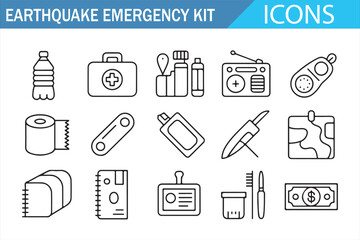 Earthquake emergency kit line icons — survival supplies including water, radio, flashlight, first aid, batteries, mask, sanitizer, blanket, whistle, and tools for disaster preparedness, safety, and re