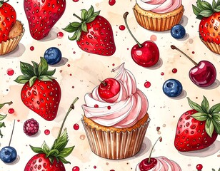Watercolor-style illustration with assorted berries and cupcakes