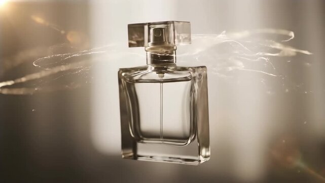 Glass perfume bottle rotating in air with light particles for luxury beauty advertisement footage