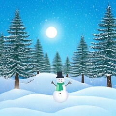 A snowy landscape features a cheerful snowman with a black top hat and green scarf in front of tall evergreen trees and a bright sun
