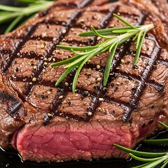 Close-up view of a grilled steak seasoned with rosemary and pepper, showcasing the rich brown crust and the juicy pink interior.