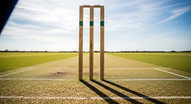 Cricket wickets on the pitch with green grass and blue sky sports equipment for outdoor game play day