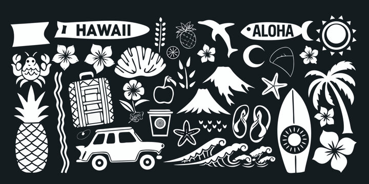 Collection of hawaiian icons and symbols on a dark background