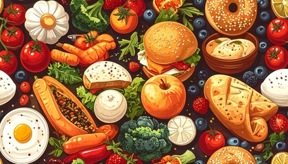 A vibrant illustration depicts an array of colorful, freshly-drawn food items arranged randomly, creating a visually appealing culinary collage