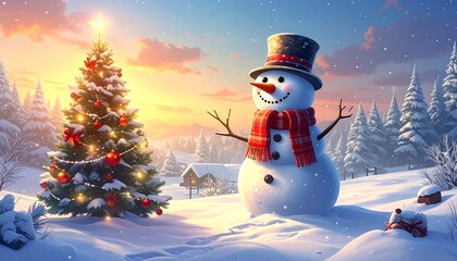 A snowy landscape features a decorated Christmas tree, a jolly snowman, and a cabin, bathed in the warm glow of a winter sunset