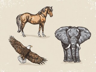Naklejka premium Illustrated animals horse eagle and elephant on a beige background