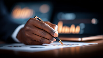 Hand writing on performance reports beside screens, representing financial analysis, strategic planning, and data driven decision making
