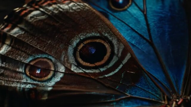 Detailed macro of a vibrant blue butterfly wing, showcasing intricate natural patterns, iridescent texture, and prominent eyespots.