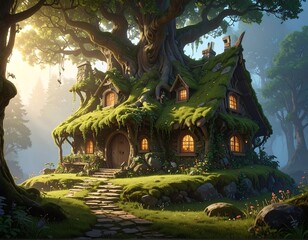 Whimsical cottage nestled within a majestic, ancient, moss-covered tree