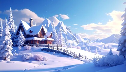 A snowy landscape featuring a cozy cabin nestled amongst snow-covered pine trees and majestic mountains under a bright, cloudy sky