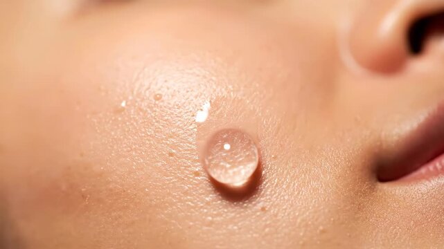 Clear cosmetology liquid drop falling and impacting a woman's clean caucasian skin surface motion footage